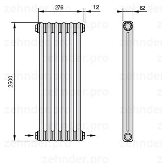 Схема (чертеж) Радиатор Zehnder Charleston 2250/6 №2670 Белый глянцевый RAL 9016